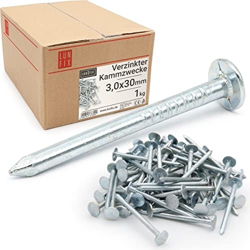 Lun Fix Stahlnägel 3x 30 mm 1kg (ca. 450 stk.) Verzinkter Kammzwecke Holznägel für Dachpappenverlegung Verzinkter Baunägel 30mm lang Drahtstifte Nägel Senkkopf für Montage der Dachschalung
