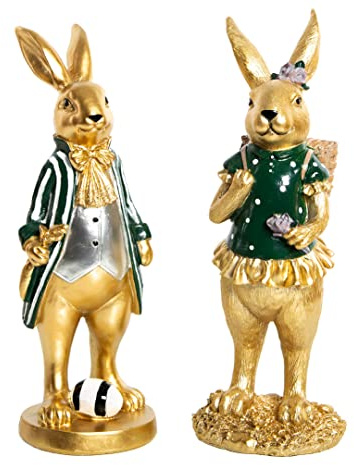 Logbuch-Verlag Pareja de Conejos Pascua, 2 Unidades: Figuras Elegantes Grandes, decoración Primavera, Adorno Mesa Interior, Set Decorativo Oro Verde Oscuro, Figuras para Colocar, 30 cm