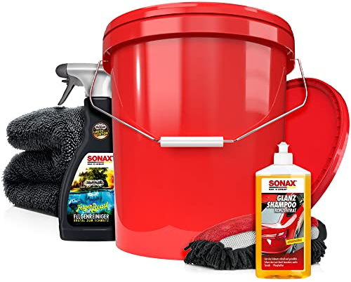 Autowäsche Set - SONAX: Autoshampoo, Felgenbeast Felgenreiniger - Detailmate: Trockentuch, Waschhandschuh, Wascheimer mit Deckel - Autoreinigungsset Aussen