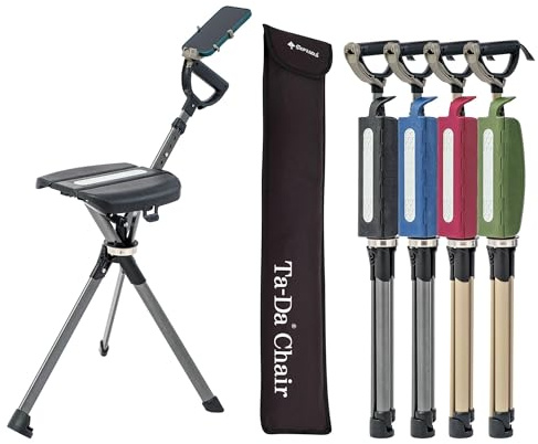 Ta-Da Chair Series 2 Pro - Bastón de Senderismo con Asiento, Taburete Exterior Plegable (Máx. 136kg), Chasis de Aluminio, Ideal para Trekking - Negro, Ajustable