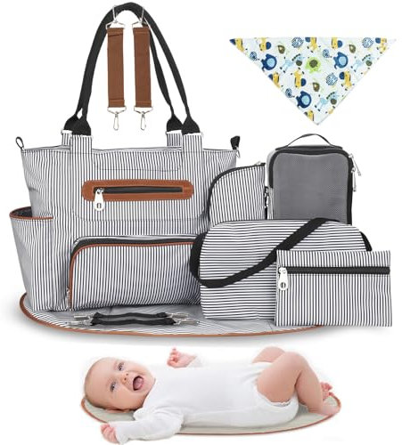 Moclever 8-teiliges Wickeltaschen-Set, Baby-Essentials mit multifunktionaler Wickeltasche, Flasche und Netztasche, Blackstripe, Large