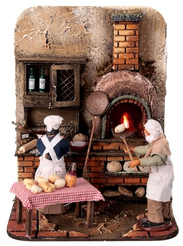 Holyart Scène crèche napolitaine Cuisine Pain Pizza Four avec feu 25x20x20 cm