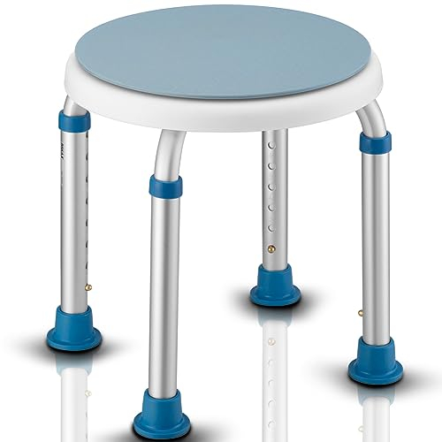 Bakaji Sgabello Bagno in Alluminio Altezza Regolabile Sedile Doccia Sedia Vasca Ausilio per Anziani, Piedini in gomma Antiscivolo, portata fino a 150 Kg, (Rotondo con sediolino girevole)