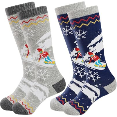 HYCLES Kids Ski Socks, Long Keen High Thermal Winter Socks for Boys, 2 Pairs Colorful Warm Ski Socks for Children, Soft Breathable Winter Outdoor Ski Sock for Skiing Skating Snowboarding