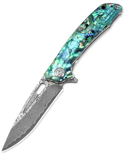 Joa Couteau de poche Damas pliant 7 - Couteau de poche pliable - Couteau de survie - Couteau de chasse en acier damassé - Couteau de chasse - Couteau arc-en-ciel