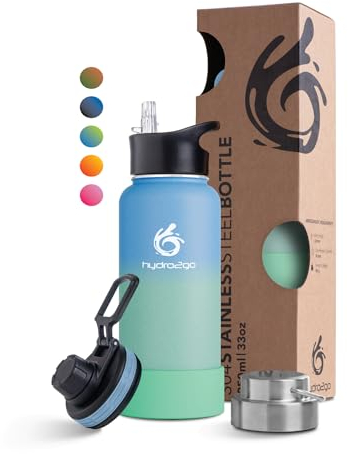 hydro2go Edelstahl Trinkflasche mit Strohhalm 950 ml, BPA-frei Isolierflasche für Kinder, Schule, Sport & Outdoor, 12h heiß/24h kalt, 3 Verschlüsse