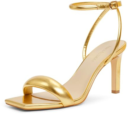 MIRAAZZURRA Sandalias de mujer con tiras de tacón alto, cuadradas, abiertas, sandalias con correa de tobillo para vestidos, zapatos de fiesta, dorado, 40 EU