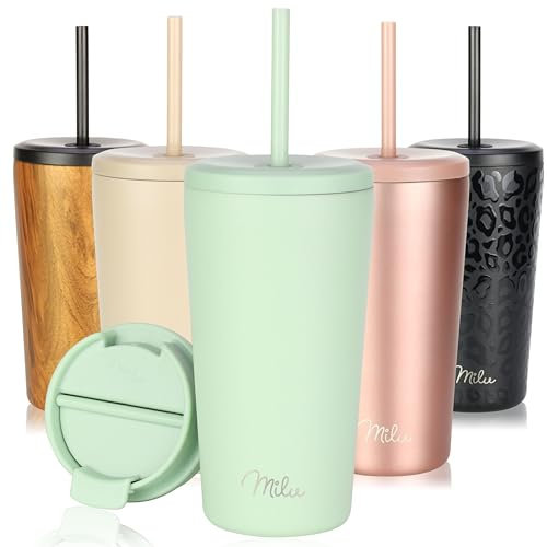 Milu Thermobecher 500ml - 100% Auslaufsicher - Edelstahl Kaffeebecher to go isoliert mit Strohhalm hält 10h heiß / 20h kalt, BPA-frei (Lily green, 500ml)