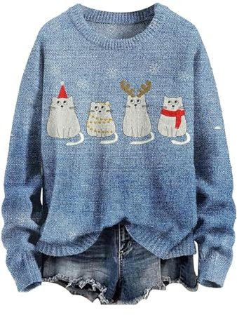 Christmas Jumpers for Women Plus Size Long Sleeve Knit Sweater Fashion Christmas Artistic Print Sweatshirts Casual Crewneck Oversized Sweatshirt Ladies Elegant Xmas Pullover for Holiday