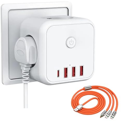 Cubo Enchufe USB 7 en 1 Regleta 4000W con Protección Sobrecarga múltiple con 3 Tomas de Corriente 3 USB y 1 Tipo C Interruptor ON/Off para Oficina y Hogar + Cargador Rápido 3 en 1 de Regalo (Naranja)