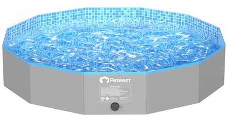 Peteast Foldable Dog Pool with Sturdy Round Design, Extra Large Portable Pet Bathtub, Durable 64 Diameter Portable Design for Backyard & Indoor Use (Includes 2 Flying Disks)