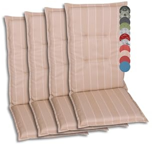 GO-DE Textil Bequeme und attraktive Polsterauflagen für Hochlehner-Gartenstühle (4er-Set, Design: Streifen Beige)