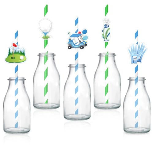 Cannucce a tema golf, 50 cannucce per feste di golf, cannucce di carta a righe blu verdi e blu, cannucce decorative per feste di golf, per ragazzi e ragazze, per feste di pensionamento, feste di