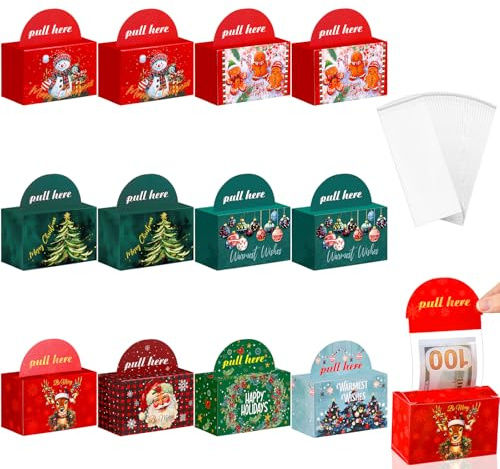 Kritkin 12 Pcs Christmas Money Box Pull Santa Cash Dispenser with Tree Gift Big 300 Transparent Bag Cash Box Elk Money Cake Kit for Gift Pull Adults Party(Pattern)