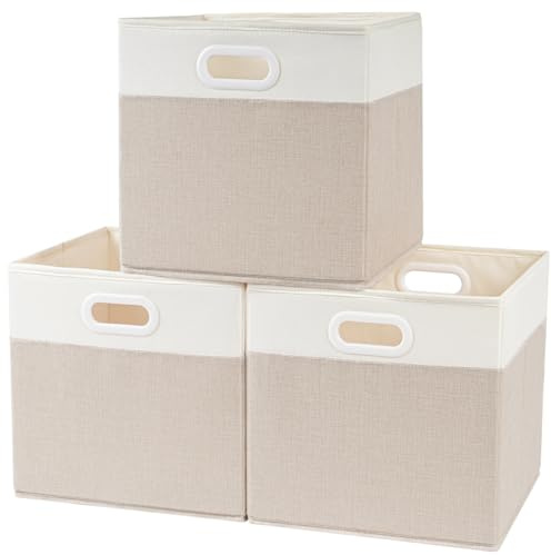 SOCOHOME 33x38x33 Aufbewahrungsboxen Stoff,Faltbare Aufbewahrungskorb für Schrank Regal und Kleidung,Waschbar(Hellbeige/Weiß, 3 Pack)