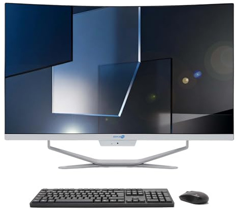 SIMPLETEK All in One AiO 27 FHD Incurvé Windows 11 Celeron jusqu'à 1,80 GHz 4 Go RAM 480 Go SSD Souris Clavier sans fil inclus Webcam PC Gaming Curved Streaming Maison Travail Ordinateur pour Enfants