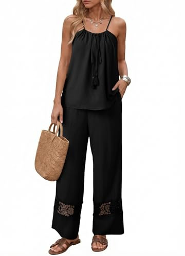 Dokotoo Summer Sets for Women Fashion Trendy Spaghetti Strap Tie Front Tops Set 2026 Comfy Business Casual Outfits for Women Wide Leg Pants Matching Suit Black XX-Large