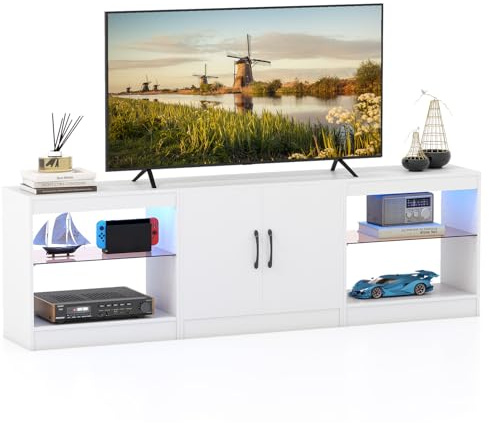 GYMAX Meuble TV avec Lumières LED 16 Couleurs pour Téléviseur 85, 3 Parties Modulaire Combinaison Libre, avec Étagères Réglables, pour Chambre, Salon, 195x30x55cm (Blanc)