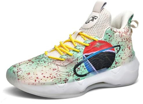 Unisex basketskor med hög topp, andningsbara, halkfria, dämpande, trendiga graffiti-sportskor Skor för promenader(Green black red,36 EU)