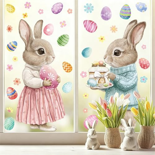 Ostern Fensterbilder Osterhase und Ostereier Fensteraufkleber Selbstklebend, Wiederverwendbare PVC Fenstersticker für Osterdeko - Perfekt für Fensterdeko Frühlingsmotiven (A)