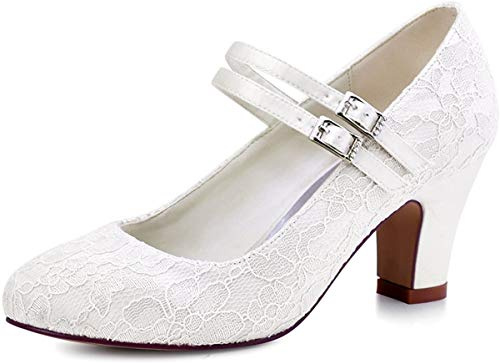 ELEGANTPARK HC1708 Wedding Shoes for Bride Comfortable Closed Toe Bridal Heels for Women Chunky Heel Lace Mary Jane Evening Prom Dress Pumps Ivory US 7