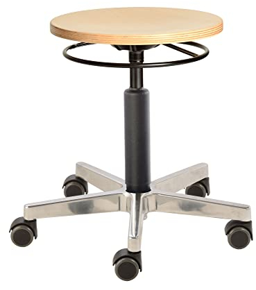 Prova Nova GmbH Werkstatt-, Roll- und Drehhocker 3541, abgedeckte Gasfedersäule, Sitzhöhe ca. 42-62 cm, Ringauslösung, Holz-Rundsitz, Rollen