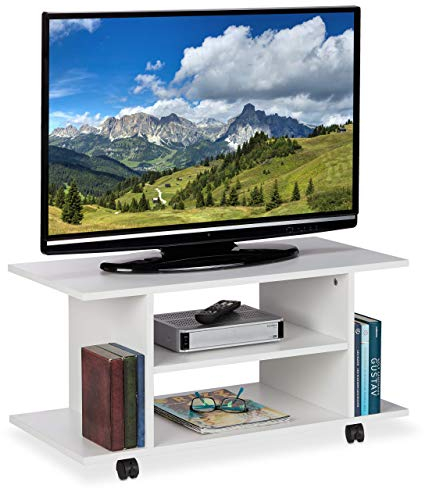 Relaxdays TV Board mit Rollen, 4 offene Ablagen, fahrbarer Couchtisch, für Geräte, CDs, DVDs, HBT 40 x 80 x 40 cm, weiß, Weiss/Opulenter Garten