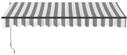 Aleko 13x10 feet Caribbean Style Electric Black Frame Awning, Remote Control Motorized & Manual Crank, Outdoor Shade Canopy with UV-Resistant Fabric - Seagull Gray & White Striped