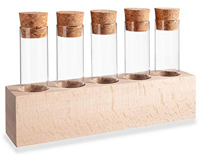Tuuters Gewürzregal Holz mit 5 Gläsern, Glasvase, Reagenzgläser für Blumen | 50 ml Reagenzglas mit Korken, Reagenzglasständer aus Buchenholz, Tisch Vase, 30mm Durchmesser für Gewürze und Trockenblumen
