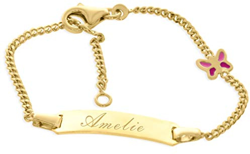 ID Babyarmband mit Gravur Gold Taufe 925 Silber Armband rosa Schmetterling Taufgeschenk personailisert Taufschmuck Geschenke Taufe für Mädchen