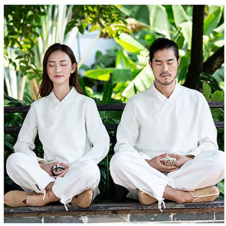 JTKDL Abbigliamento Tai Chi Abbigliamento per La Posa Cotone E Lino Autunno E Inverno Plus Abiti da Meditazione in Velluto Donna Donna 2 Set,White-M