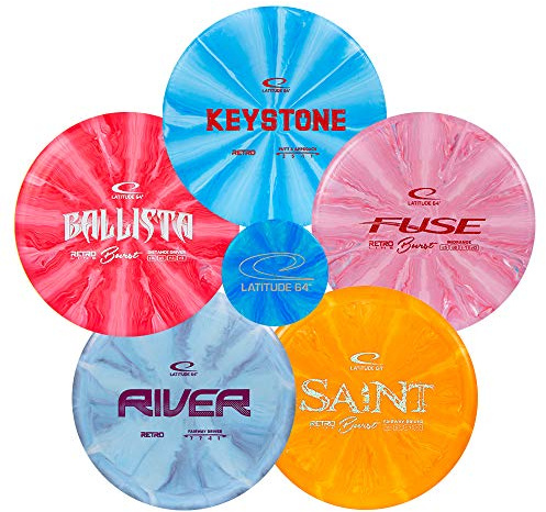 Latitude 64 retro burst disc-golfskivor set (5-pack) – perfekt för nya till mellanspelare | Inkluderar nyckelsten, säkring, flod, helgon, ballista + mini | greppig basplast | färgerna kan variera