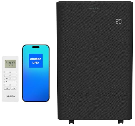 MEDION Smarte Mobile Klimaanlage mit Abluftschlauch P1202 (12000 BTU, mobil, inkl. Fensterabdichtung, bis 42m², 3in1 Kühlen Entfeuchten Ventilieren, App- und Sprachsteuerung, Schlafmodus