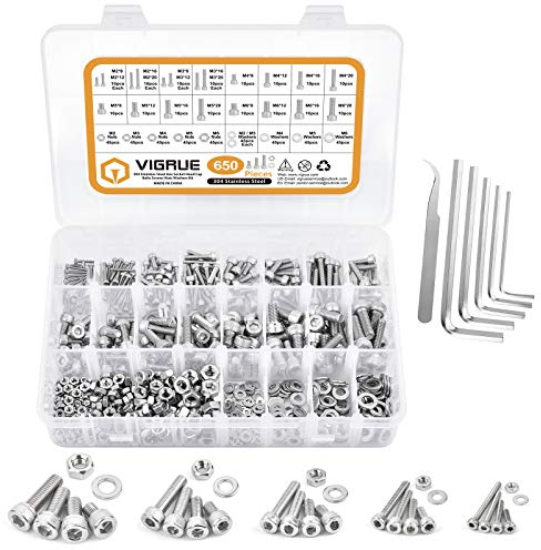 VIGRUE 650 Stück Schrauben Set M2 M3 M4 M5 M6 Innensechskant Schrauben Set aus 304 Edelstahl Vollgewinde Zylinderschrauben mit Muttern und Unterlegscheiben im Sortimentskasten