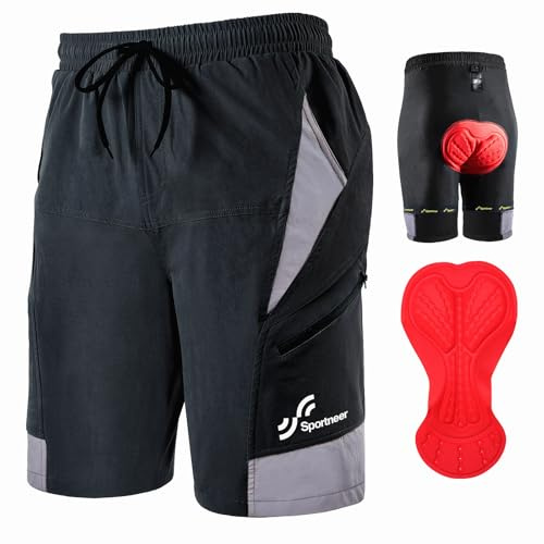 Sportneer Cycling Shorts Mens Mountain Bike Shorts for Men Cycle Shorts Lightweight and Baggy with Zipper Pockets Bicycle Shorts for Outdoor Cycling Running Black