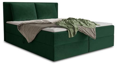Sofnet Boxspringbett Egro mit 2 Bettkästen und Zwei große Kissen - Doppelbett mit Bonell-Matratze und Topper, Polsterbett, Bett, Bettgestell Schlafzimmer (Grün (Kronos 19), 140 x 200 cm)
