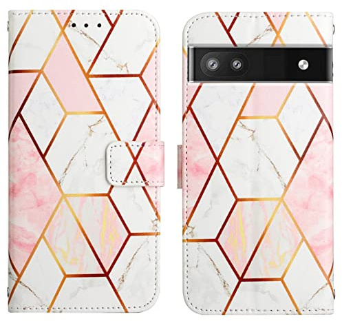 LEMAXELERS Google Pixel 6A 5G Hülle, Marmor Glitzer Flip Case PU Leder Schutzhülle mit Ständer, Kompatibel mit Google Pixel 6A 5G, Rosa-Weiß