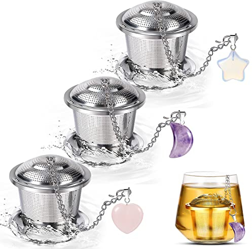 3 Sets Tea Infusers Steeper for Loose Leaf Tea Holder Stainless Steel Tea Ball Mesh Strainer Filters with Drip Trays and Pendant(Elegant Style)