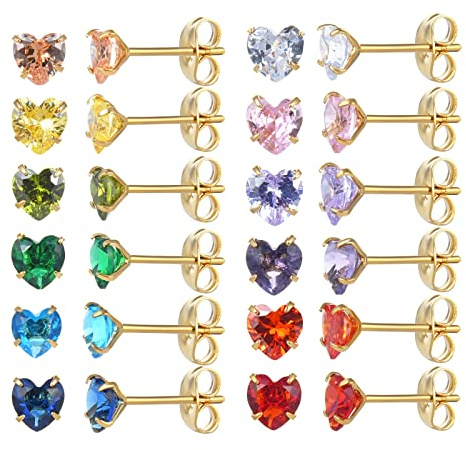 12 Paar chirurgische Edelstahl-Ohrstecker, 18K vergoldet Silber Stern Herz Teardrop Quadrat Cubic Zirkonia Birthstone Ohrstecker Set