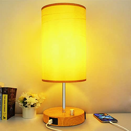 Allesgute LED Nachttischlampe mit Ladefunktion, Dimmbar Tischleuchte mit USB A+Typ-C-Anschlüssen, Holzmaserung E27 Tischlampe Rund für Schlafzimmer, Wohnzimmer, Geschenk (inkl. 8W Warmweiß LED-Birne)