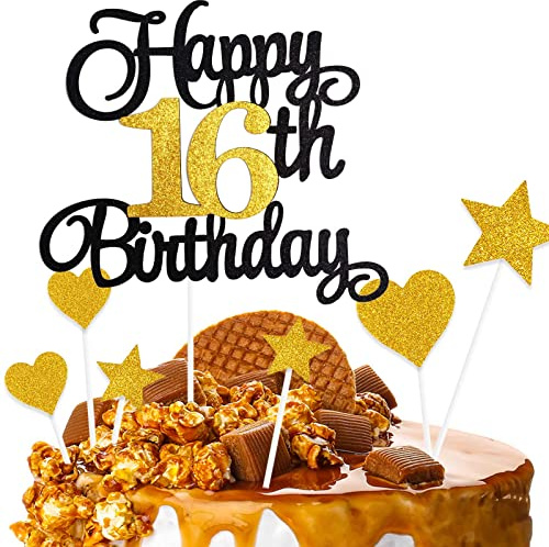 ZHIHUI Cake Decoration, 7-Pieces Personalised Happy 16 Years Birthday Cake Toppers for Boy Girl Kids Happy Birthday Sign for Cake, Glitter Cupcake Topper 16th Birthday Party Supplies (Black & Golden)