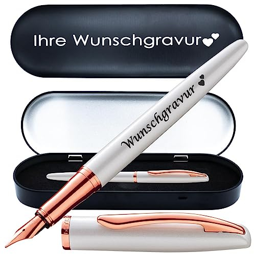 Pelikan Füllhalter Jazz® Noble Elegance mit Gravur | inkl. Etui mit Wunschgravur (Platz für 10 Stifte) | Emojis Gravur | Farbe Perlmutt Weiß | Füller personalisiert