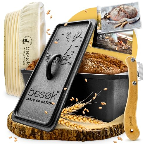 besok Brotbackform mit Deckel, Gärkorb & Teigmesser - Gusseisen Backform Brot backen Zubehör - Kastenform Brot, Toastbrot Backform, Kasten Brotform, Auflaufform, Kastenform, Brotform eckig