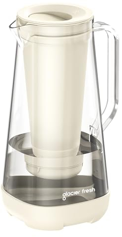 GLACIER FRESH Glas Wasserfilter-Kanne | 3 L | 1x Aktivkohle + 1x Ultrafiltration Filter | Reduziert Chlor, Fluorid, Kalkablagerungen, Schwermetalle wie Blei, Kupfer | Cremeweiß