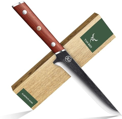 TAN REN 6 Inch Boning Knife for Meat Cutting, High Carbon Steel Deboning Knife for Butchering, Full Tang Fillet Knife with Wood Handle, Processing Knife for Meat Trimming
