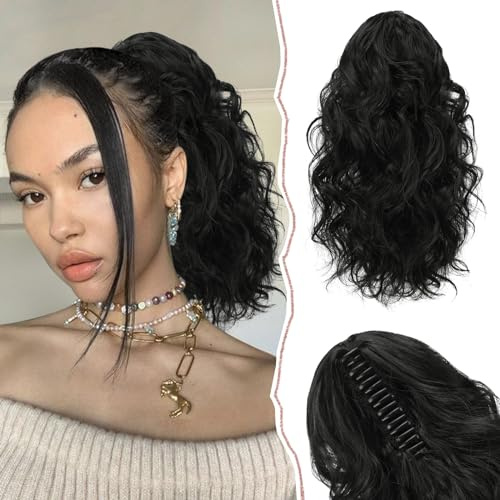Sofeiyan Klauen Clip in Pferdeschwanz Verlängerung, 33cm Lange Lockige Pferdeschwanz Haarverlängerungen Natürliche Synthetische Haare Ponytail Extension Clip in Haarteil für Frauen Schwarz
