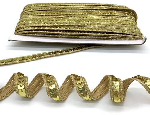 DHER 25 Meter langes Pailletten-Dekorband 12 mm Paillettenband | Glitzer Paillettenband Paillette Trim Bänder Pailetten Bordüre Stoff Paillettenbesatz, glitzerndes Paillettenband (Gold)