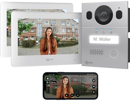 GOLIATH® Videocitofono 2 Fili [2x SCHERMO DA 7 POLLICI] Video citofono con telecamere esterne - Kit Videocitofono con Apriporta - Videocitofoni bifamiliare - Antivandalo e impermeabile - Da incasso