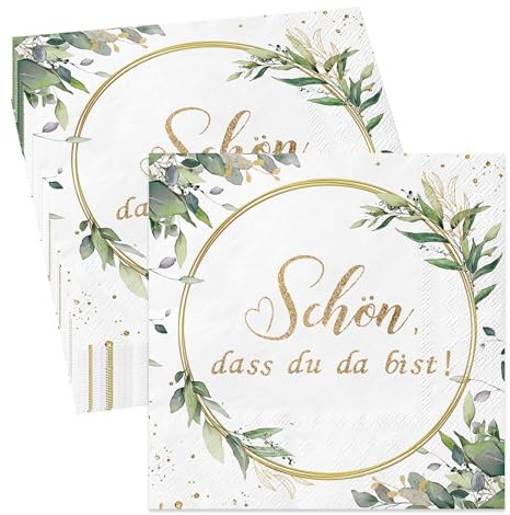 80 Stück Servietten Schön Dass Du Da Bist, 3-Lagige Servietten Eukalyptus Grün Einladung Kommunion Weiß Tischdeko Geburtstag Hochzeit Taufe Konfirmation Party Deko