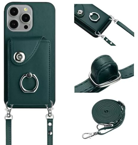 xinyunew Handyhülle für iPhone 13 Mini Hülle mit Band Kartenfach Handykette Geldbörse,360 Grad Ringhalter Stand Kartenfach,Leder Klapphülle Handytasche für iPhone 13 Mini-Grün